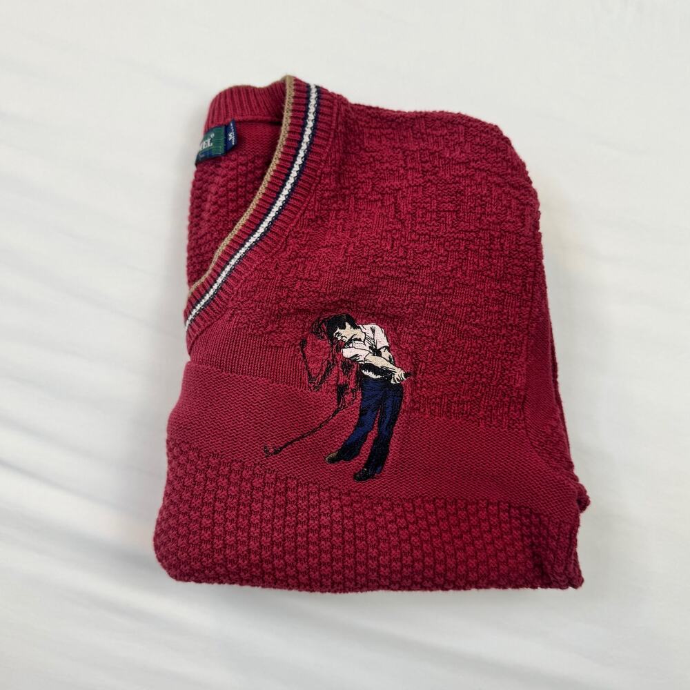 Vintage Golf Sweater Burgundy Red Knit V-Neck Embroidered Cotton USA Made Medium - Picture 10 of 13